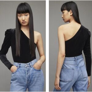 AllSaints Daphne Velvet One Shoulder Bodysuit in Black NWOT Size 0